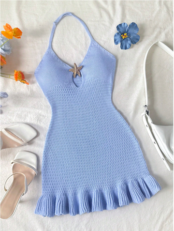 Tween Girl Vacation Metal Starfish Decor Halter Neck Cover-Up Dress