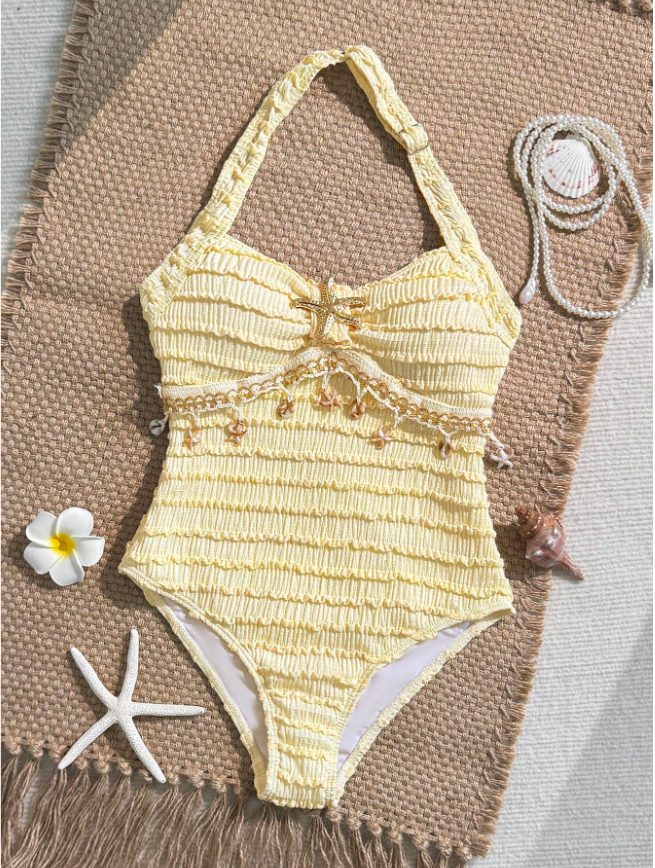 Tween Girls Textured Striped Halter One-Piece Swimsuit with Starfish, Shell & Tassel Detail, Beach Vacation Swimwear