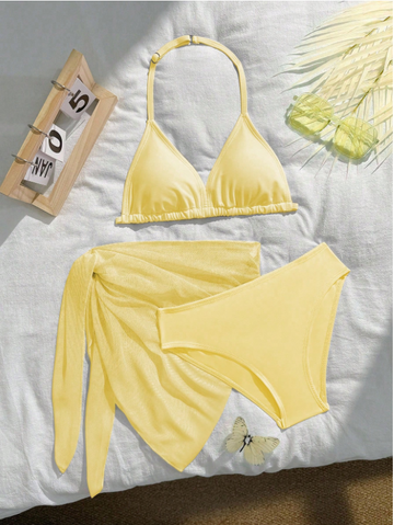 Tween Girls Butter Yellow Halter Bikini Set, Two-Piece Solid Color Swimwear for Beach, Summer Vacation & Pool