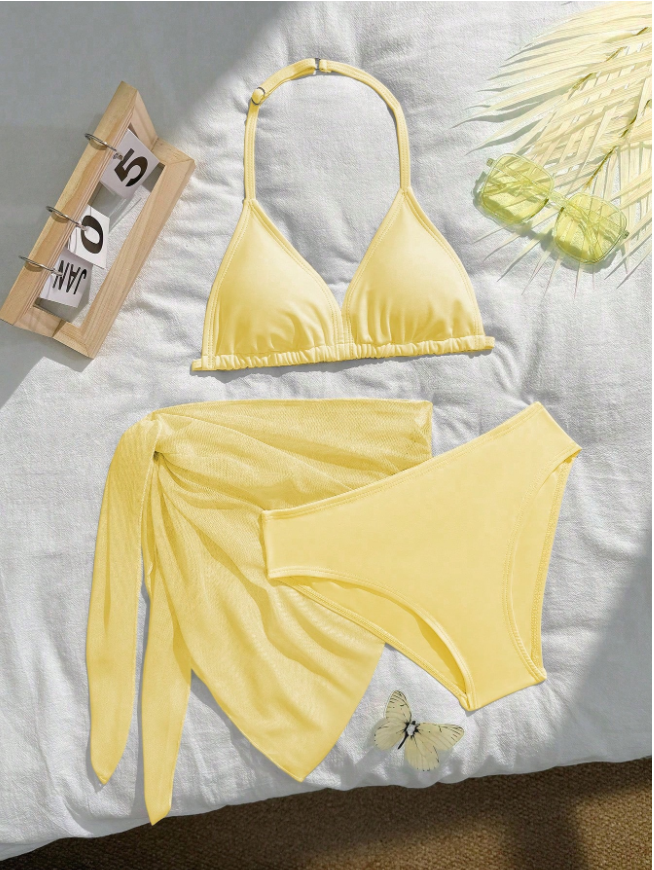 Tween Girls Butter Yellow Halter Bikini Set, Two-Piece Solid Color Swimwear for Beach, Summer Vacation & Pool