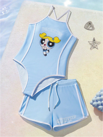Tween Girls Letter & Cartoon Print One-Piece Swimsuit with Matching Shorts, Summer Beach Swimwear Set