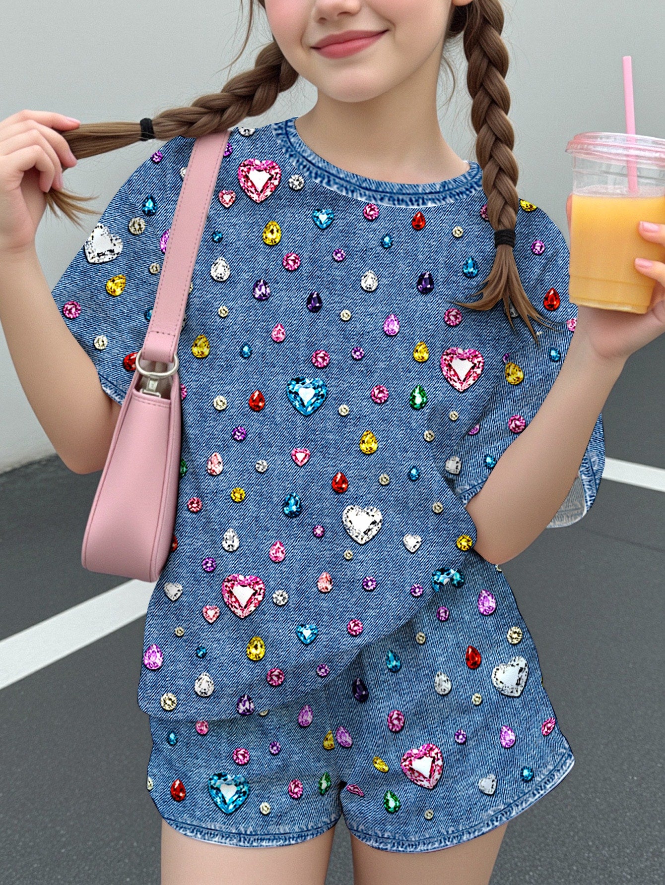Multicolor heart print short sleeve top and loose shorts 2-piece set for tween girls