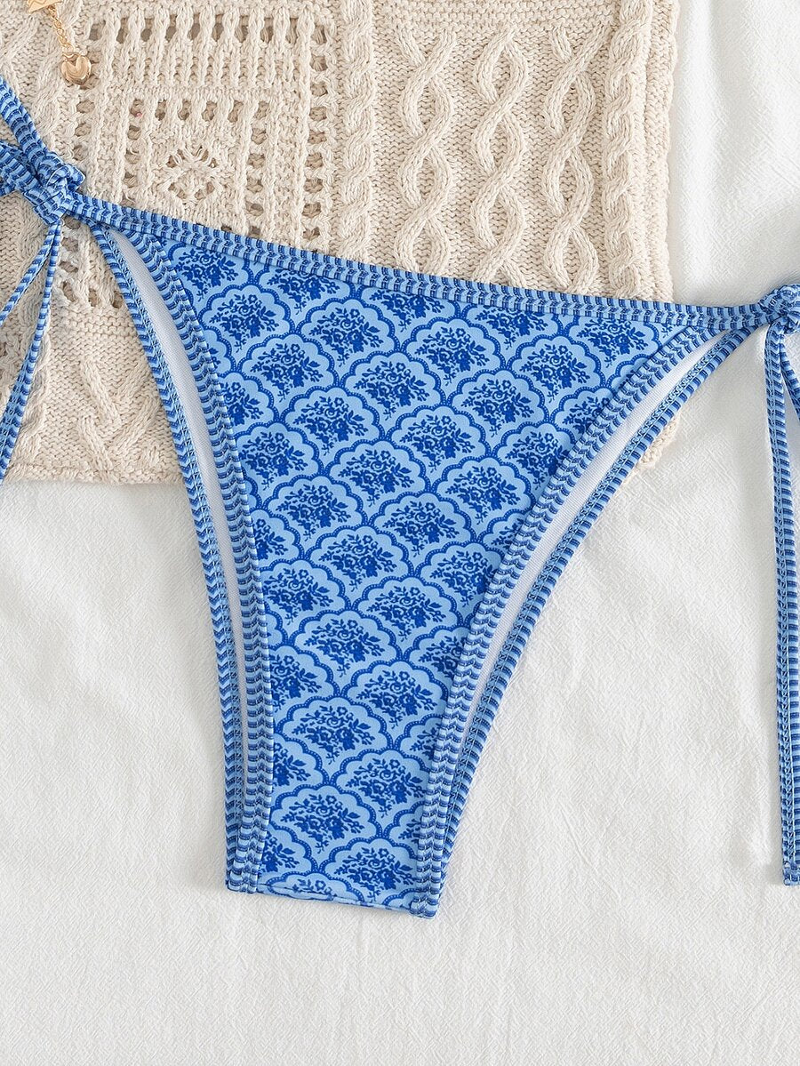 Women's high waist 2-piece triangle bikini set featuring colorblock trim, halter neckline, wireless bra with removable padding, and tie-side bottoms.