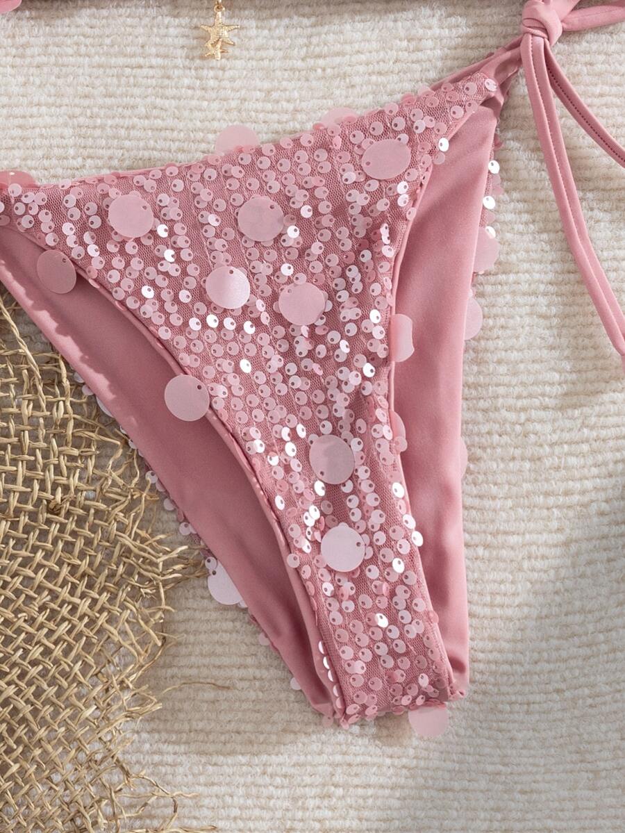 Beige Y2K triangle bikini set featuring a deep V-neck halter top with knot details and removable padding paired with low waist cheeky bottoms.