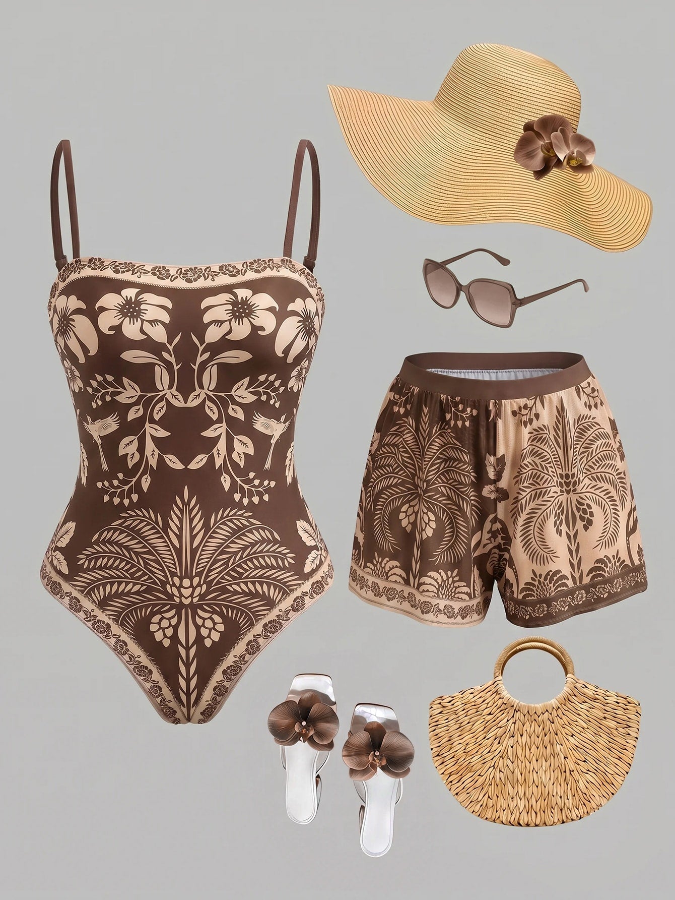 Swim Oasis women's tropical palm tree print army green one-piece swimsuit featuring spaghetti straps, removable padding, and matching shorts for beach vacations.