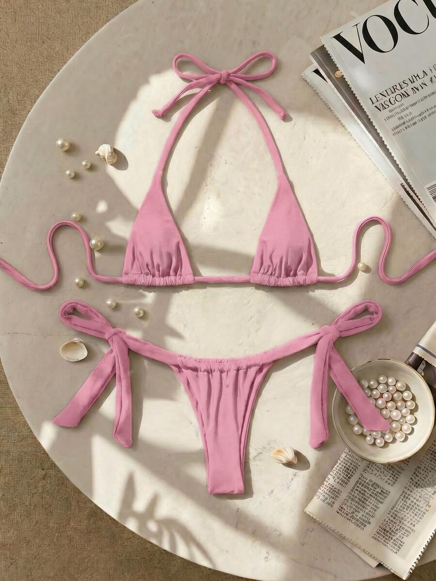 Army green high waist micro bikini swimsuit set for women featuring wireless spaghetti strap top with chain knot details and tie side thong bottoms.