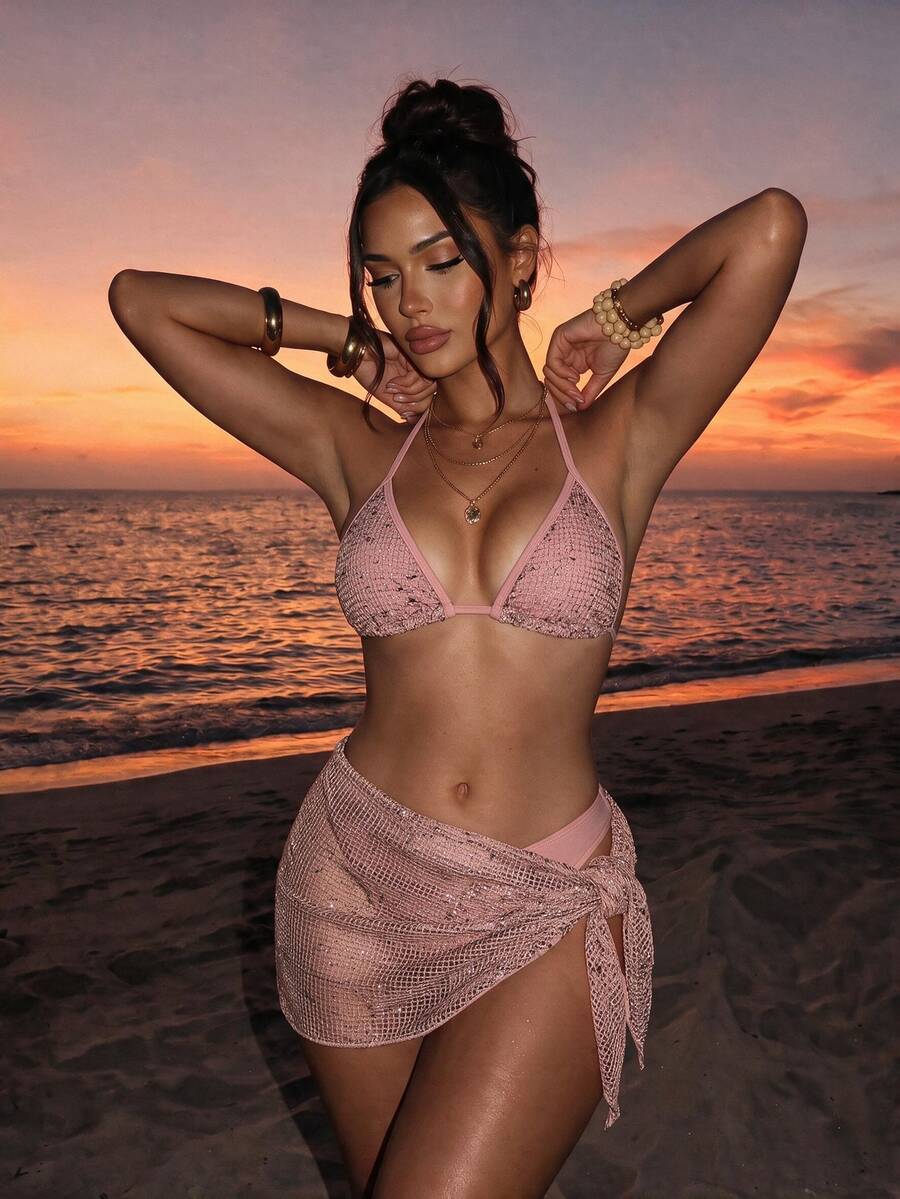 Women's 3-piece net fabric swimsuit set featuring a plain triangle bikini top with spaghetti straps, high-waisted high-cut bottoms, and a matching skirt with knot detail.