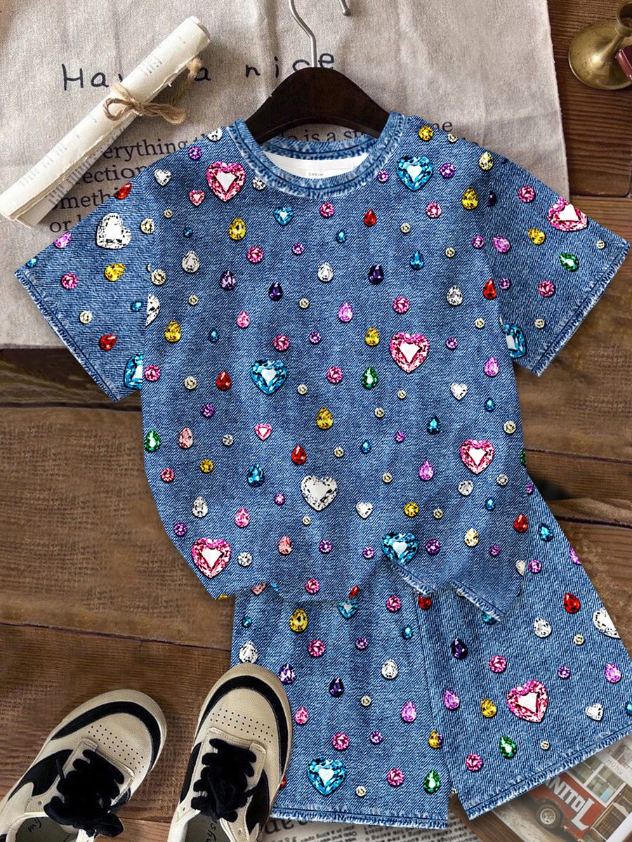 Multicolor heart print short sleeve top and loose shorts 2-piece set for tween girls